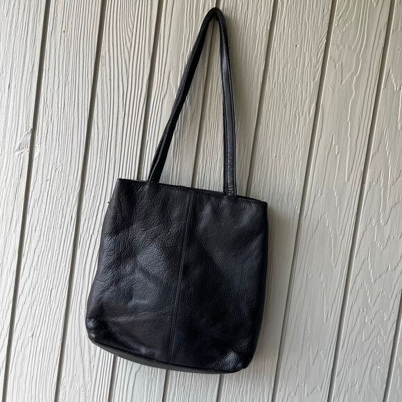 VTG Evan-Picone Black Leather Tote Bag Full Grain Brass Hang Tag Multi Pocket Pu - Picture 4 of 13